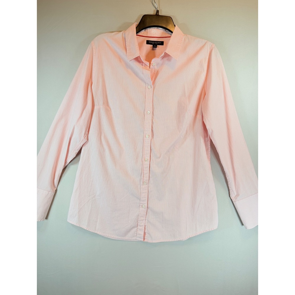 Banana Republic Riley Shirt Womens 12 Pink White Striped Button Down Long Sleeve